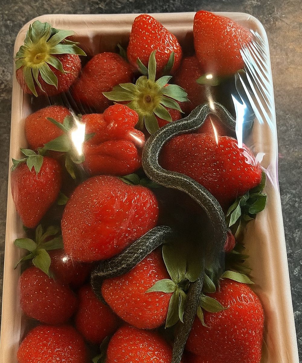Photo montrant des fraises avec un objet allongé et sinueux parmi elles