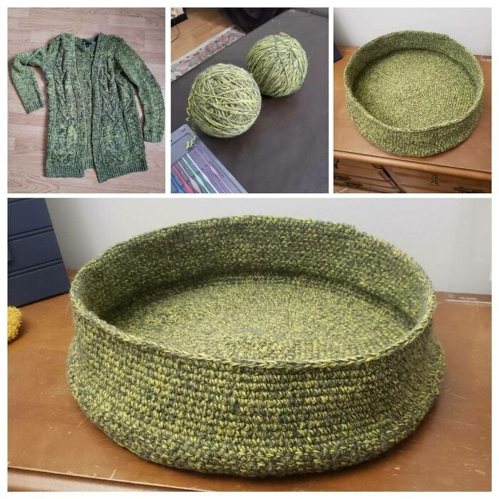 Niche douillette pour chat faite avec un cardigan recyclé