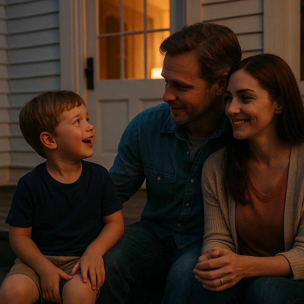 Couple avec enfant regardant un coucher de soleil