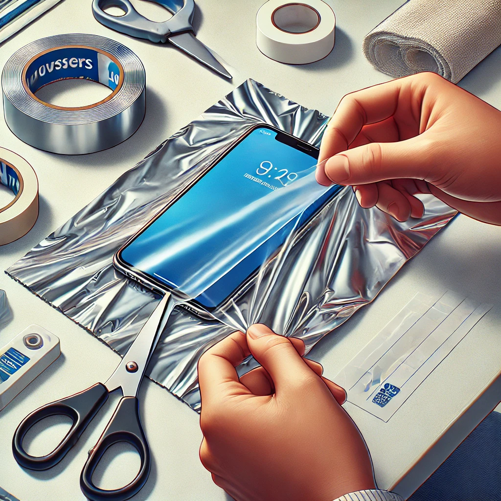 Illustration montrant un smartphone avec une feuille d'aluminium posée délicatement sur son écran