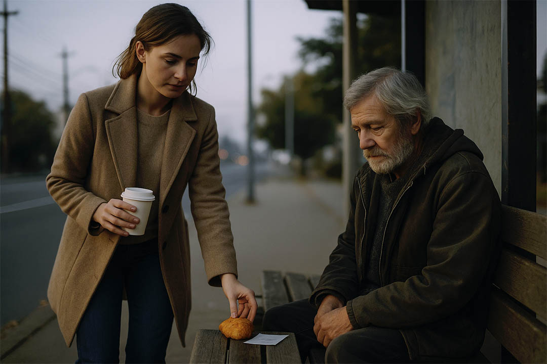 Femme déposant un petit-déjeuner sur un banc