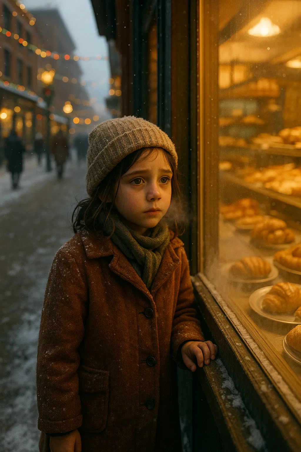 Léna, petite fille seule devant une vitrine