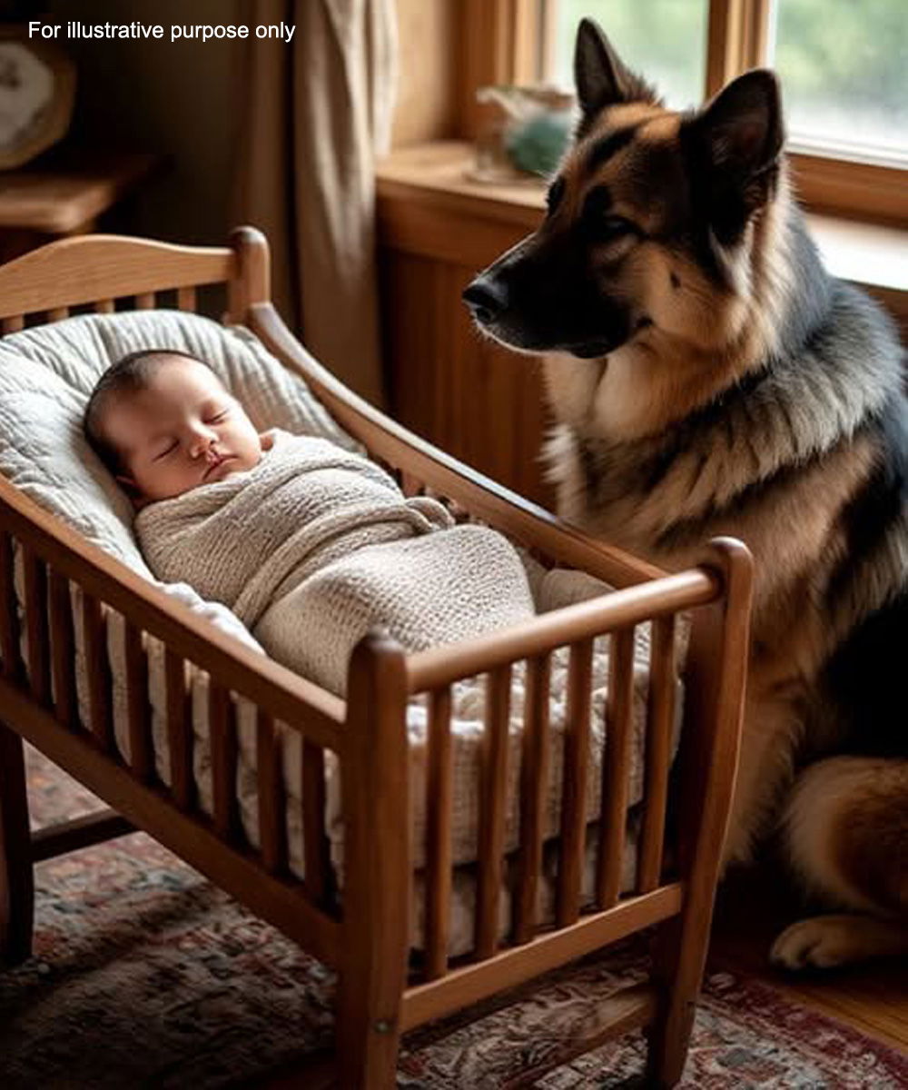 Chienne de garde veillant sur un bébé