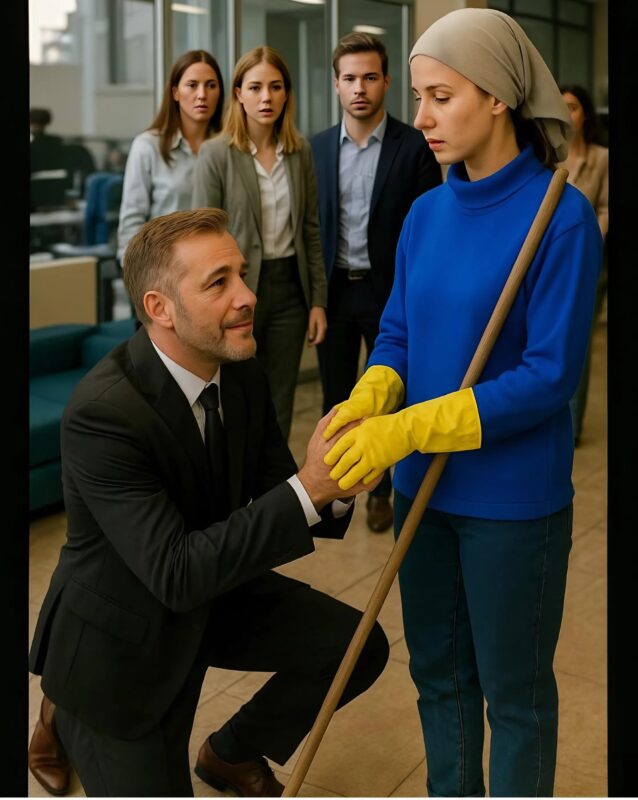 Homme s'agenouillant devant une femme au bureau