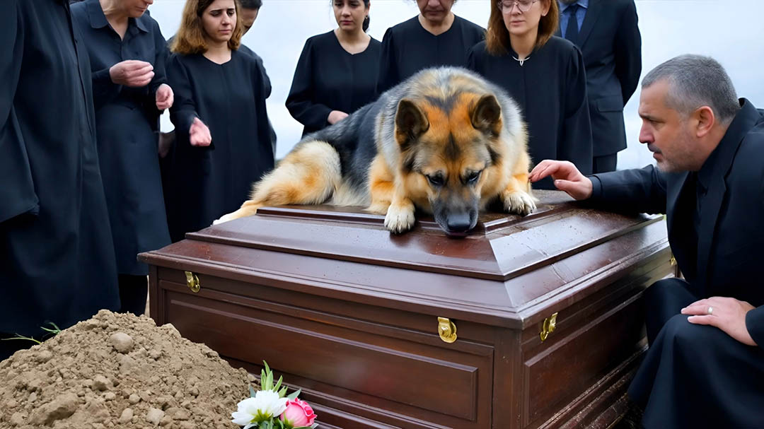 Chien blanc devant un cercueil