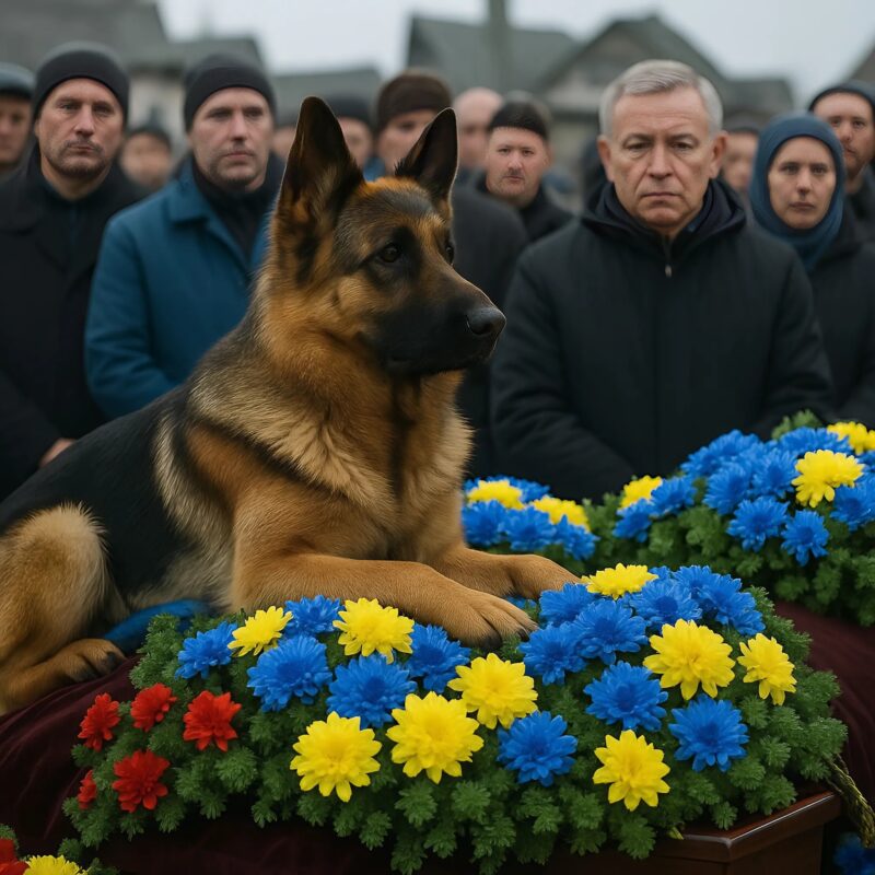 Chien militaire reniflant un cercueil