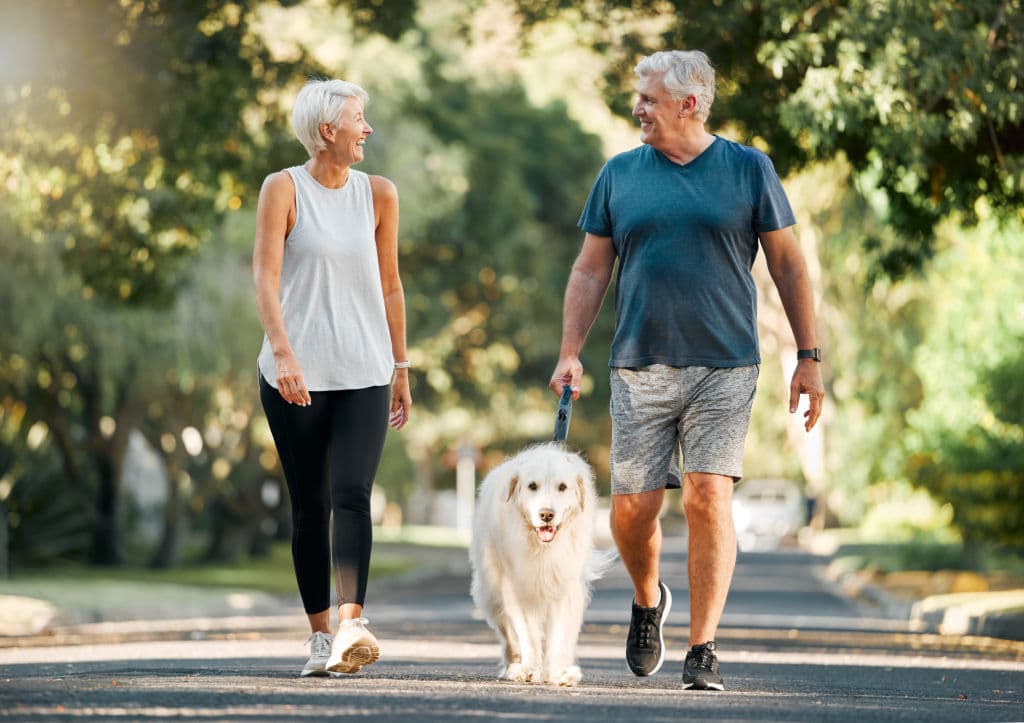 Couple âgé se promenant avec son chien