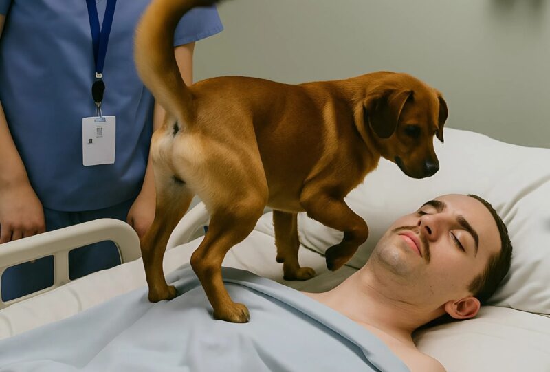 Chien policier couché près de son maître alité